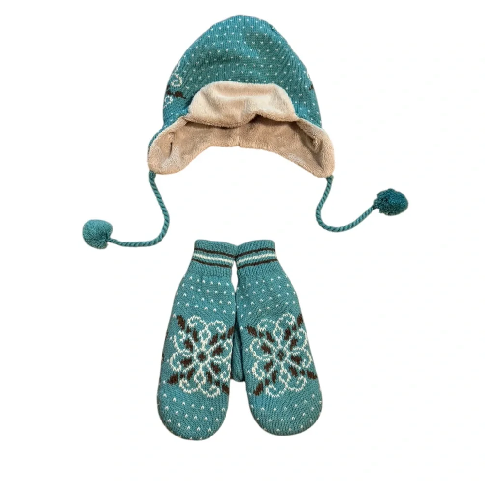 LL Bean Knit Ear Flap Pom Pom Tie Matching Mittens Set Medium/Large
